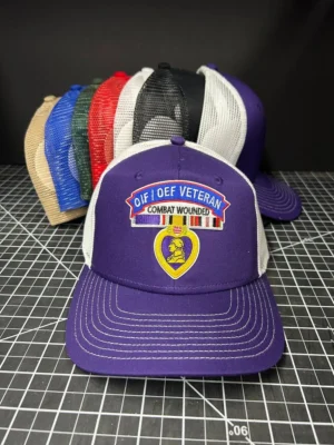 Purple veteran cap with colorful embroidery.