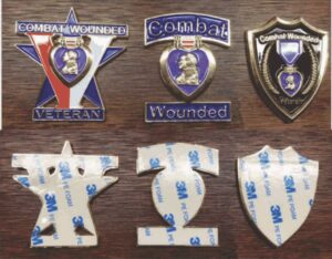 Combat wounded veteran badges on display.