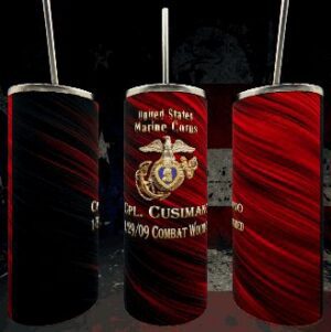 Marine Corps-themed tumblers with red and black design.