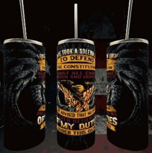 Patriotic-themed tumbler with eagle and text.