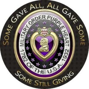 Purple Heart Military Order emblem with text.