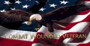 Eagle with medal, American flag background.