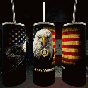 Patriotic eagle tumblers with American flags.