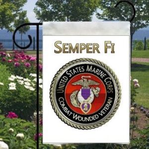 Marine Corps flag in garden setting.
