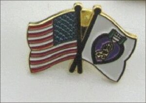 Crossed American and Purple Heart flags pin.