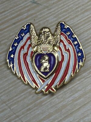 Eagle emblem with patriotic colors and heart.