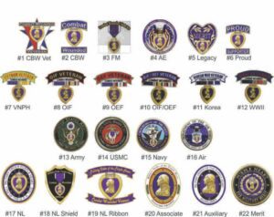 Assorted military badges with Purple Heart themes.