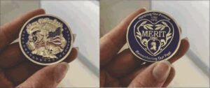Commemorative coin with patriotic design, text.