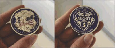 Commemorative coin with patriotic design, text.