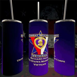 Purple heart veteran-themed tumblers with straws.