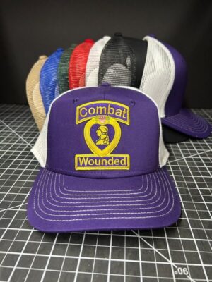 Purple hat with "Combat Wounded" logo.