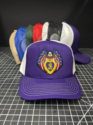 Colorful hats with patriotic eagle emblem.