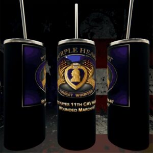 Three tumblers displaying Purple Heart design.