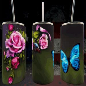 Tumblers with rose and butterfly designs.
