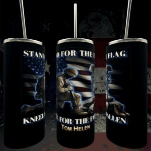 Tumblers with patriotic military design and text.