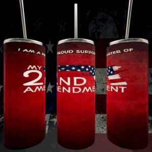 Red tumbler with "2nd Amendment" text.