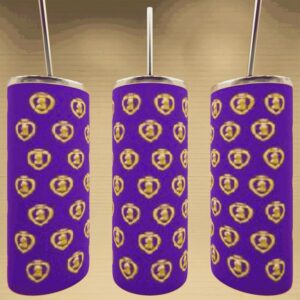 Purple tumblers with yellow shield pattern.