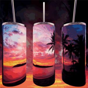 Tropical sunset design on three tumblers.