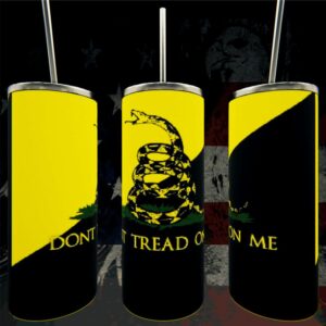 Yellow tumbler with "Don't Tread On Me".