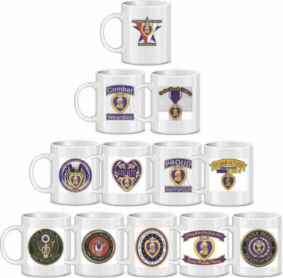 Commemorative mugs with military-themed designs displayed.