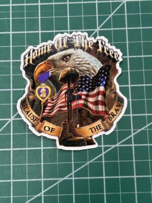 Patriotic sticker with eagle and American flag.