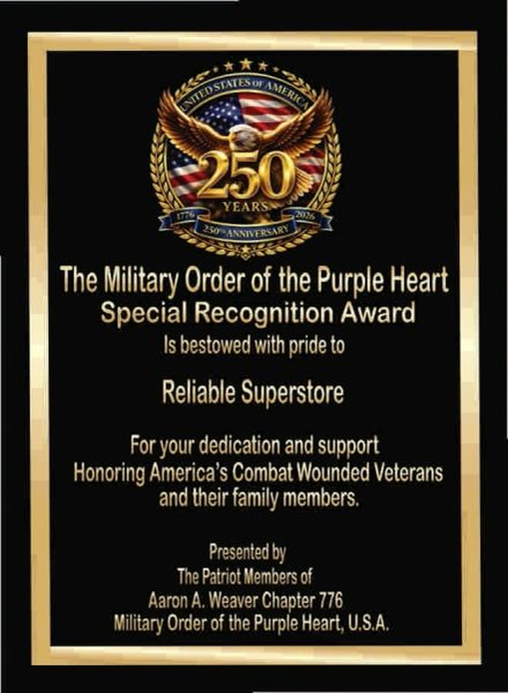 3D 250th Anniversary Gold Trim Plaque