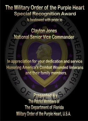 Purple Heart Special Recognition Award certificate.