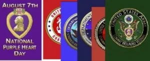 Purple Heart Day military emblems and logos.