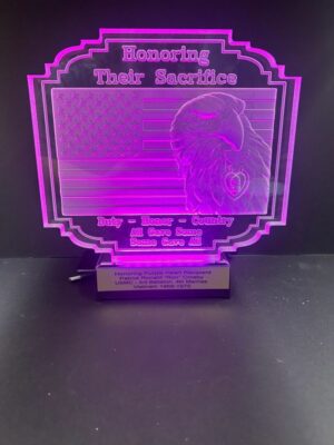 Illuminated plaque with eagle and flag design.