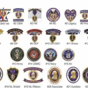 Various military-themed badges and emblems displayed.