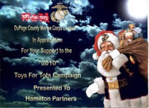 Santa with Toys for Tots appreciation message.