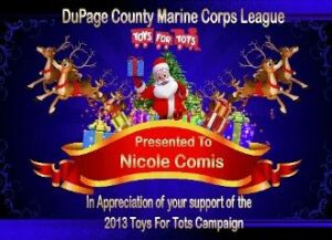Santa with reindeer, Toys for Tots certificate.
