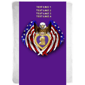 Purple heart medal with eagle and flags.