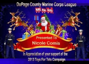 Santa with Marines and Toys for Tots banner.