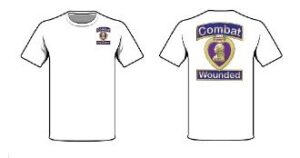 White t-shirt with "Combat Wounded" design.