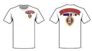 White veteran t-shirt with military emblems.