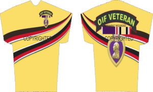 Yellow OIF Veteran shirt with military medals.