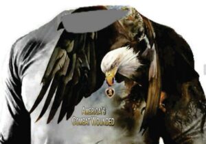 Eagle with medal on combat-themed shirt.
