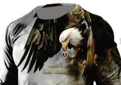 Eagle with medal on combat-themed shirt.