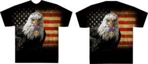 Eagle with flag design on black T-shirt.