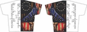 Patriotic shirt design with American flag elements.