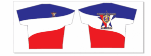 Red, white, blue jerseys with emblem.