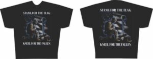 Black T-shirt with patriotic soldier design.
