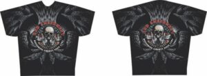 Black t-shirt with skull and wings design.