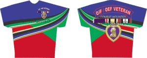 Veteran-themed shirt with colorful stripes design.