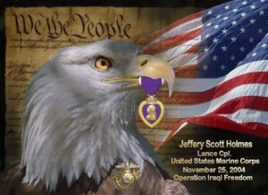 Bald eagle with American flag and medal.