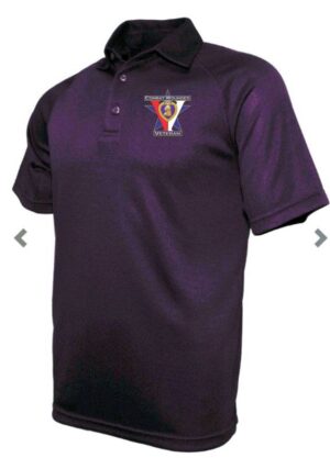 Purple polo shirt with embroidered logo.