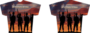 Silhouetted soldiers with American flag background.