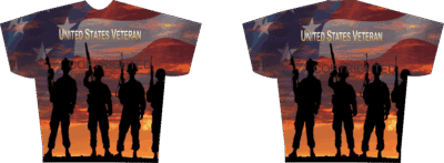 Silhouetted soldiers with American flag background.