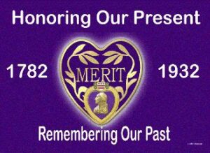 Purple heart medal with historical dates displayed.